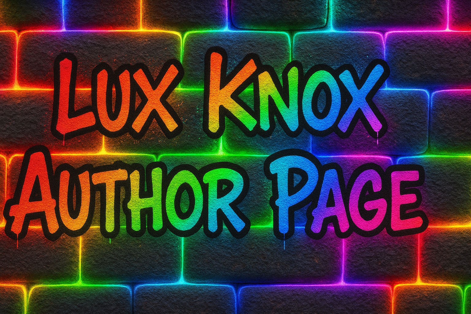 Lux Knox Author Page on back ground of stone wall radiating rainbow light